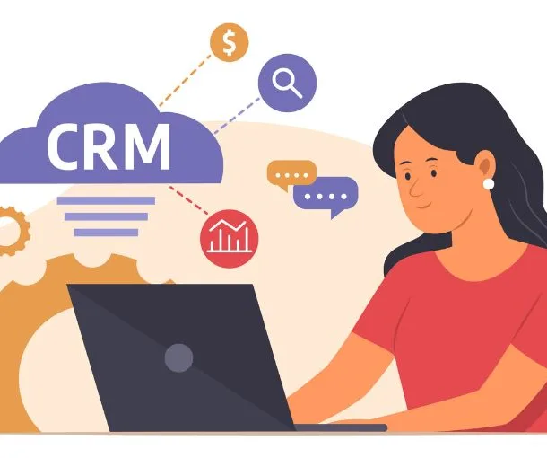 Illustration showing a small business owner working on her laptop with crm written above the laptop