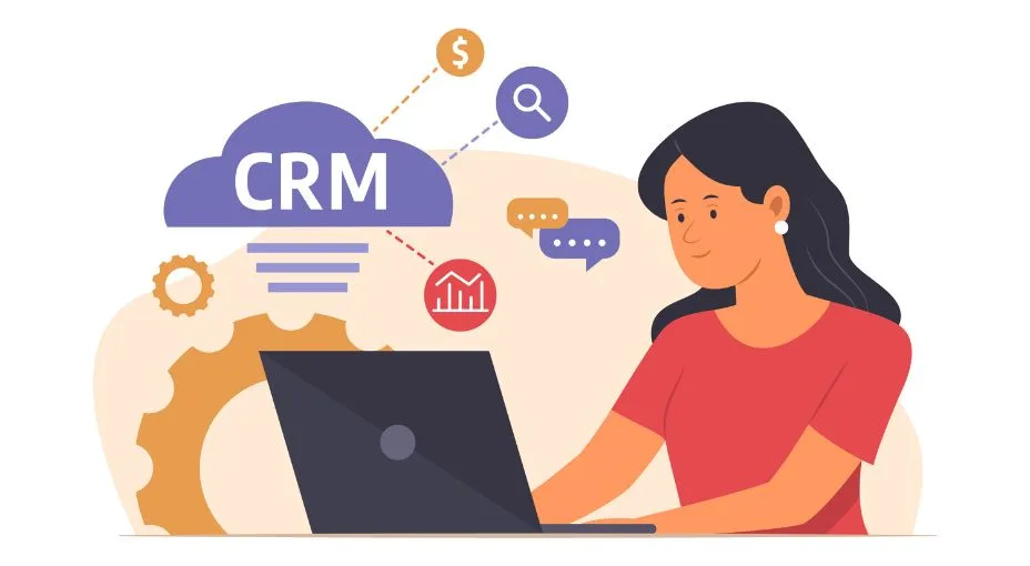 Illustration showing a small business owner working on her laptop with crm written above the laptop