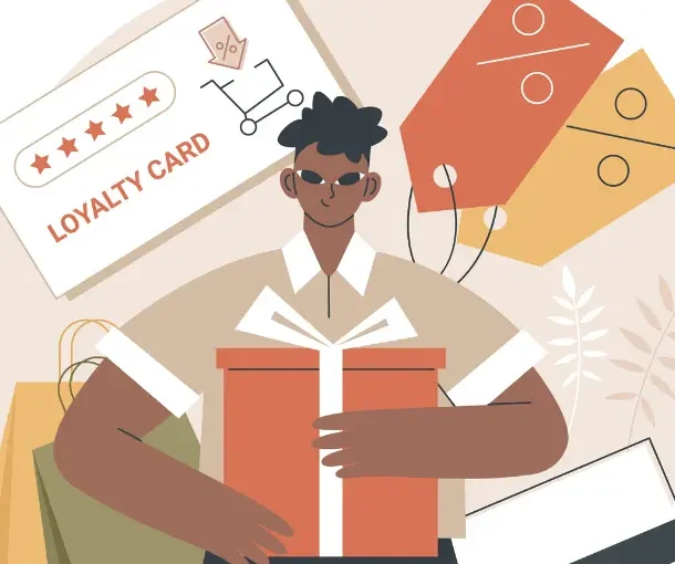 animation that features a customer holding a giftbox, discount tags at his left and loyalty card at the right