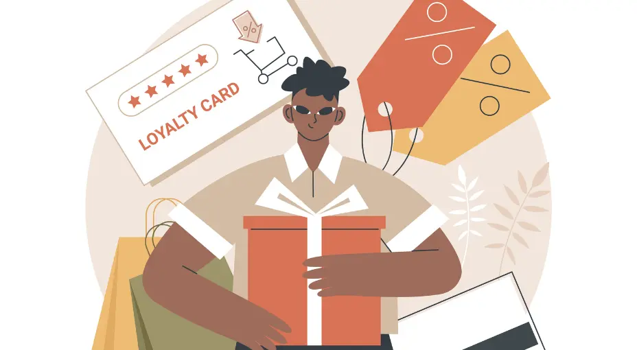 animation that features a customer holding a giftbox, discount tags at his left and loyalty card at the right